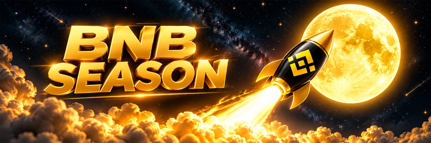 BNB Season banner: gold lettering, a black-and-gold rocket, and a full moon