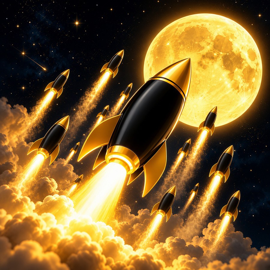 A fleet of rockets rising toward the moon