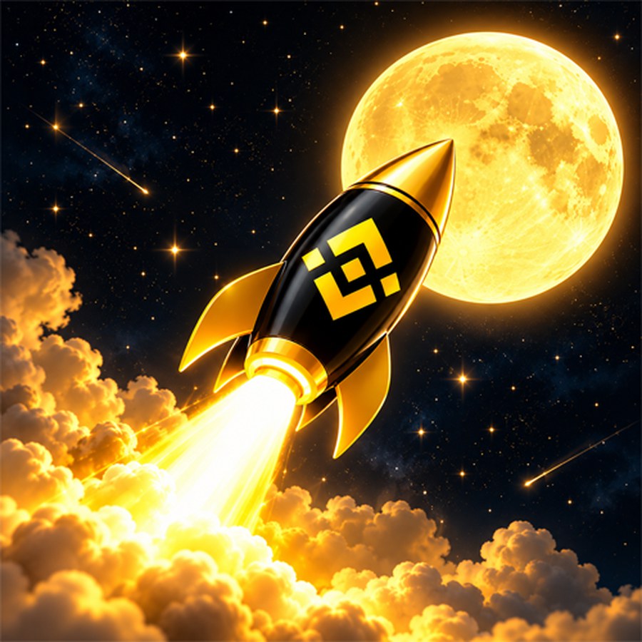 Black and gold rocket with a gold emblem, launching toward a full moon